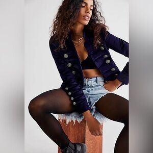 NWT Stunning Free People Fitted Velvet Military Jacket Disco Blue Sz S